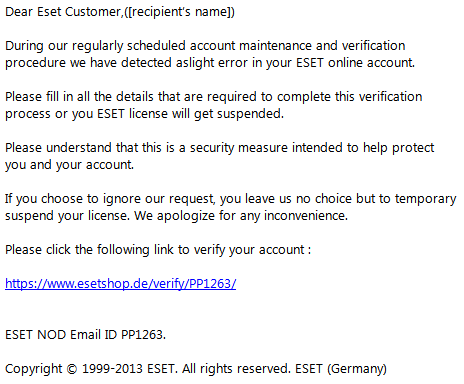 ESET warnt vor gefälschten E-Mails- Verify your ESET-Account